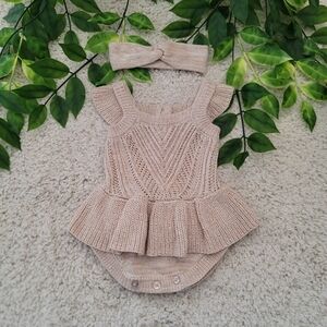 Nicole Miller Baby Girl Tan Onesie + Headband (0-3 Months)